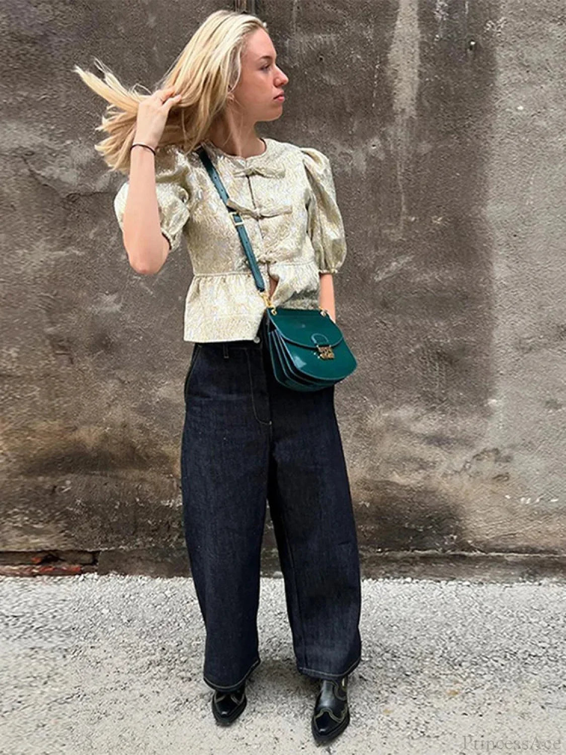 Shimmer Lace-Up Bow Puffy Sleeve Short Blouse
