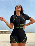 Short Sleeve Patchwork Surf Swimwear One Piece
