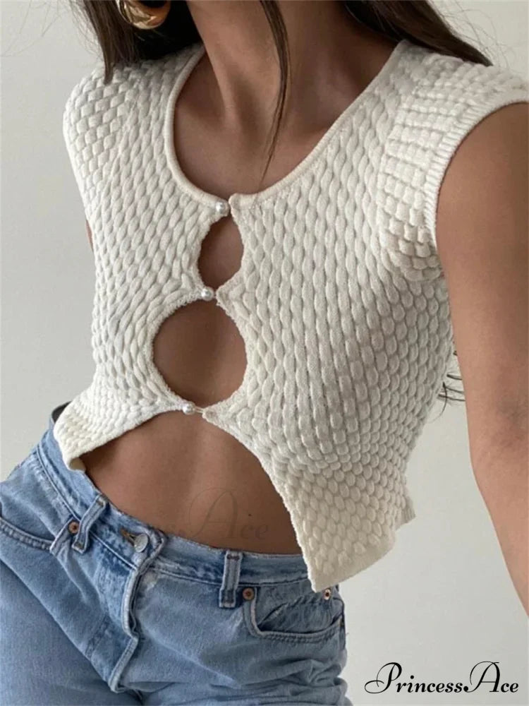 Short Sleeve Ruched O-Neck Buttons Up Y2K Knitted Crop T-shirts