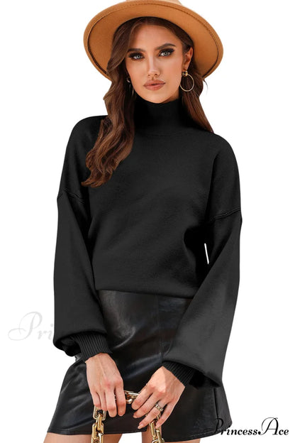 Shoulder Arm Turtleneck Knit Bubble Sweater Drop in Black