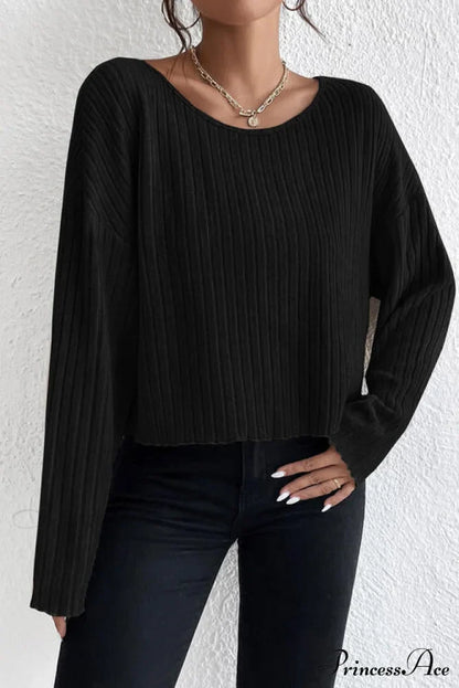 Shoulder Round Ribbed Neck Arm Long Drop Shirt