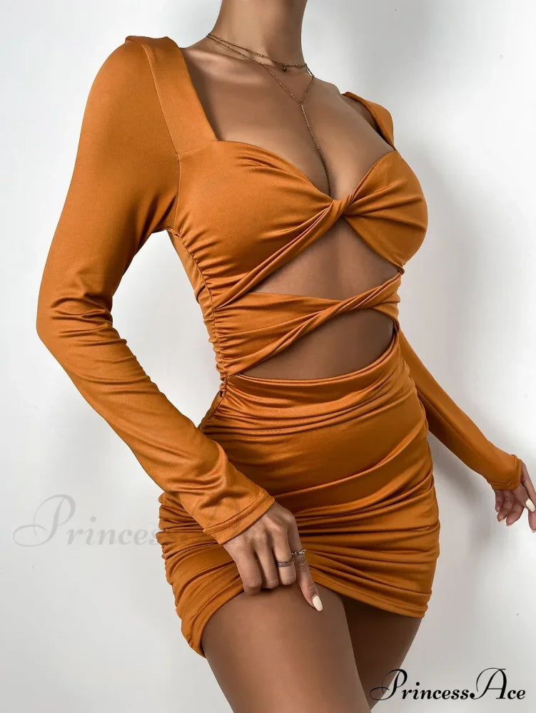 Sleeve Deep V Neck Hollow Out Pleated Ruched Soild Color Cut Out Dress