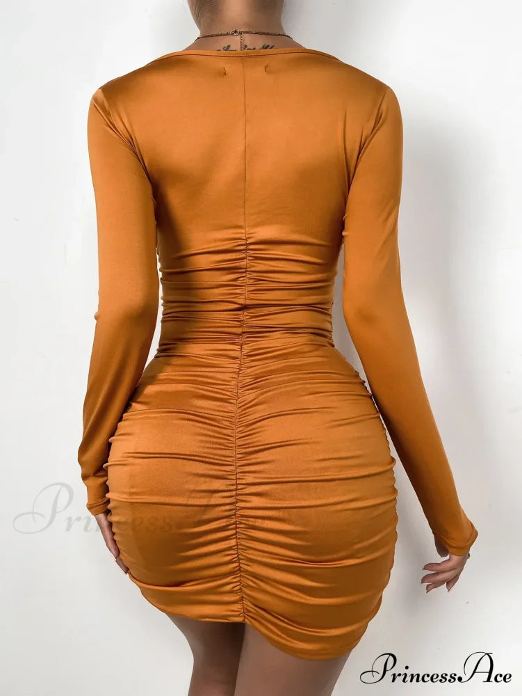 Sleeve Deep V Neck Hollow Out Pleated Ruched Soild Color Cut Out Dress