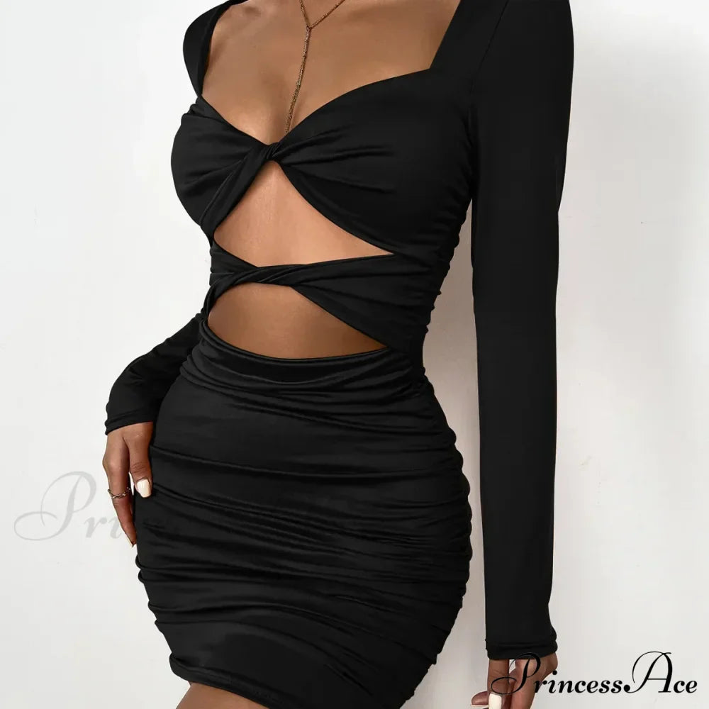 Sleeve Deep V Neck Hollow Out Pleated Ruched Soild Color Cut Out Dress
