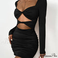 Sleeve Deep V Neck Hollow Out Pleated Ruched Soild Color Cut Out Dress