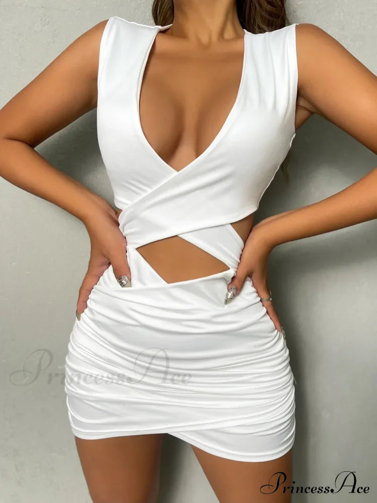 Sleeveless Bodycon Mini V Neck Slim Ruched Hollow Vestido OutFits Elegant Soild Cut Out Dress