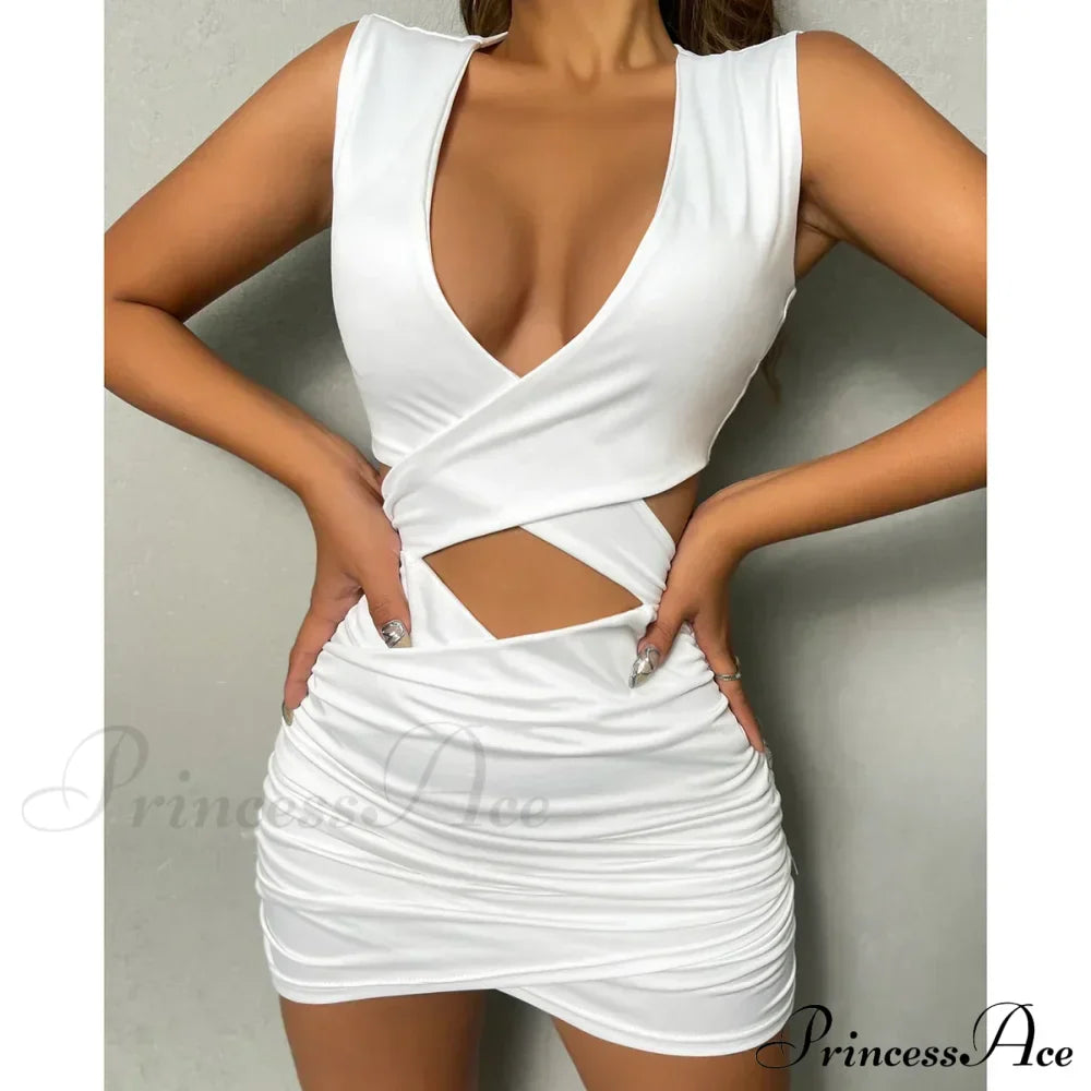 Sleeveless Bodycon Mini V Neck Slim Ruched Hollow Vestido OutFits Elegant Soild Cut Out Dress