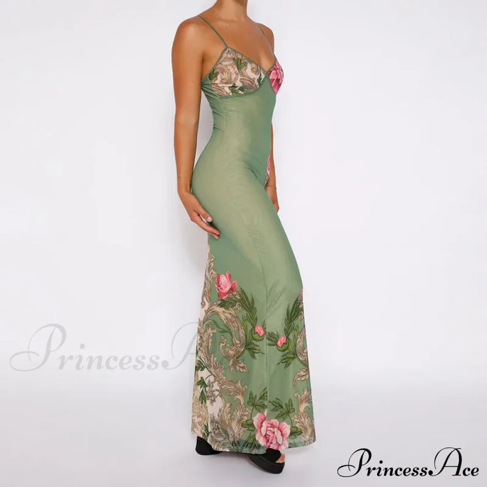 Sleeveless Print Fashion Vneck SlimLong Summer Beach Party Club Robe Floral Dress