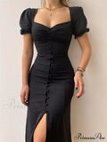 Slim Neck Slit Puff Midi Arm Casual V Party Black Women Elegant A-line Button Warm-Season Gown Dress