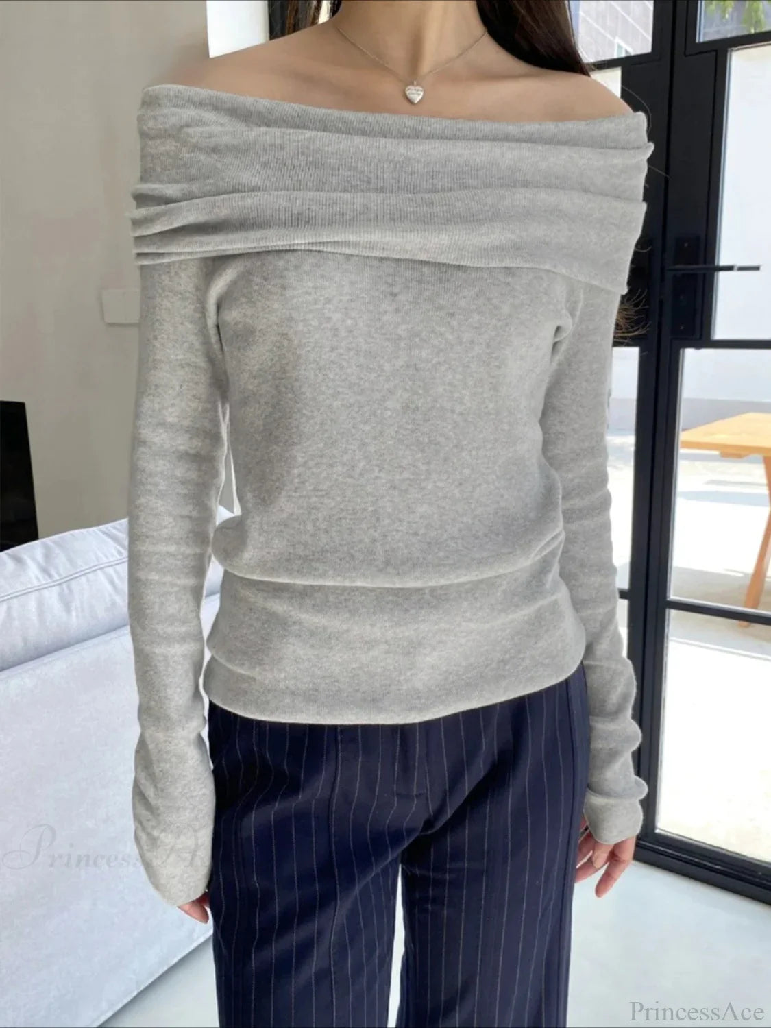 Slim Off-Shoulder Solid Slash Neck Long Sleeve Knit Top