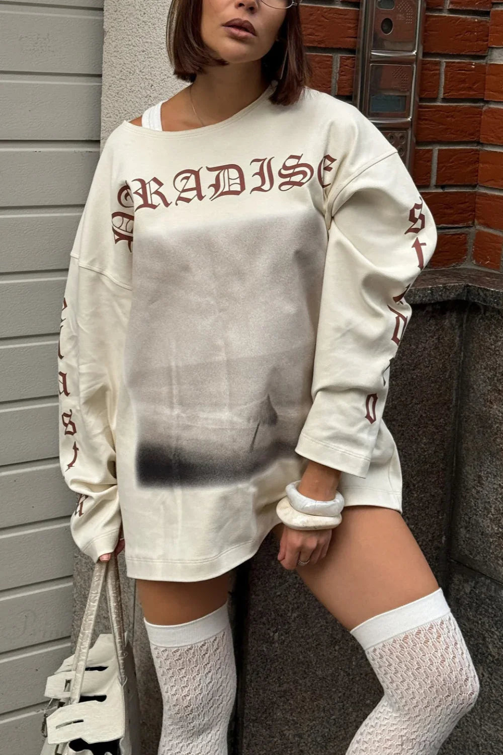 Slouchy Vintage Distressed Print Casual Sweatshirt
