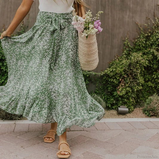 Small Floral Ruffle Korean Style High Waist Swing Long Skirt
