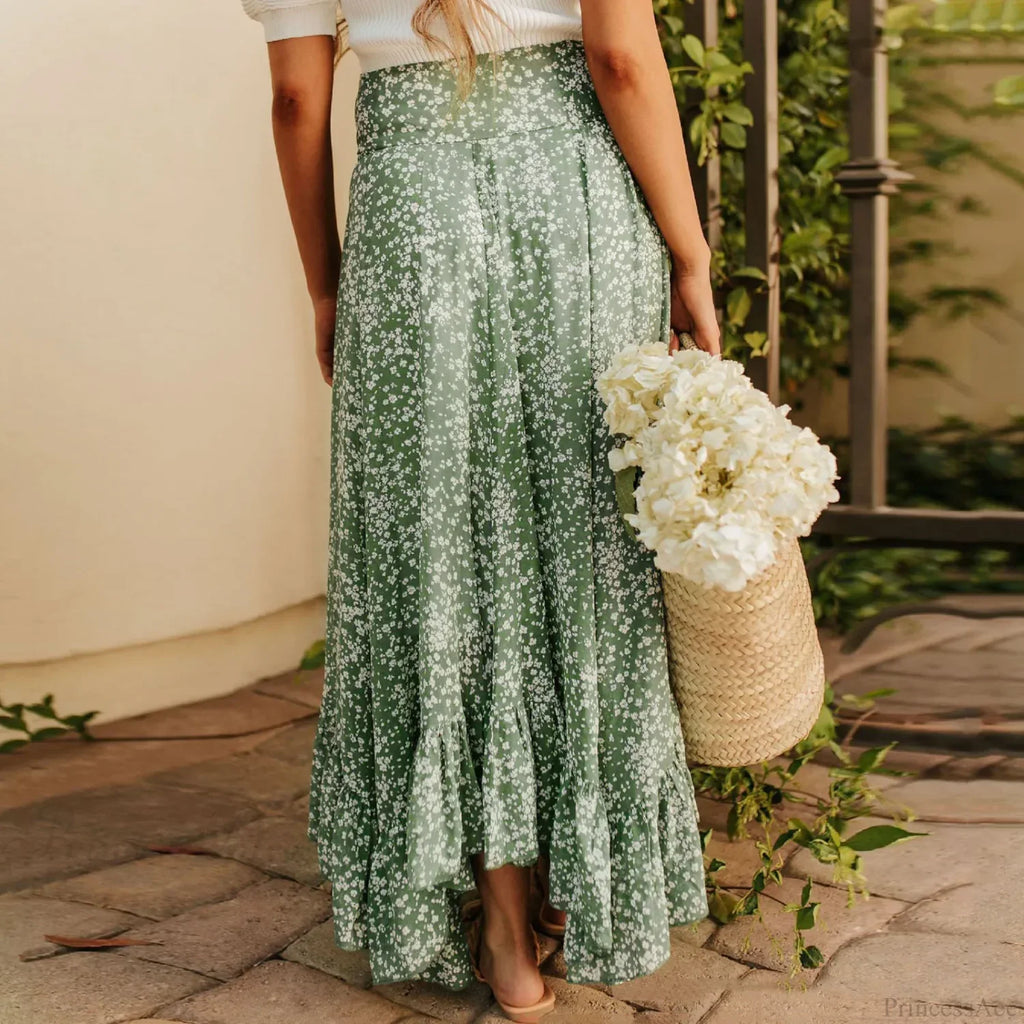 Small Floral Ruffle Korean Style High Waist Swing Long Skirt