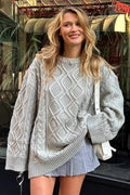 Solid 3D Chunky Cable Argyle Crewneck Loose Sweater