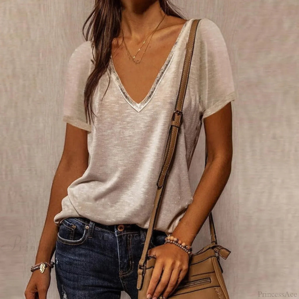 Solid Color Cotton V-Neck Loose T-shirt