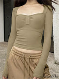 Solid Color Square Neck Ruched Crop Tops T-Shirts