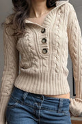 Solid Hooded Button Cropped Slim Sweater