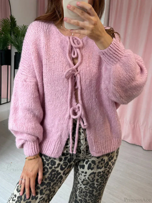 Solid Tie Front Round Neck Loose Cardigan