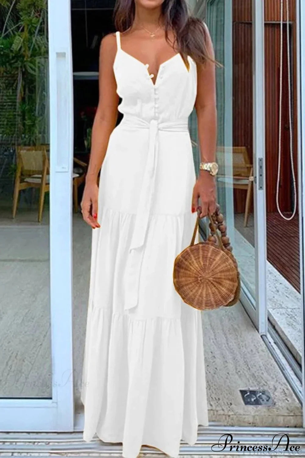 Spaghetti Strap Button Bandage Maxi Dress