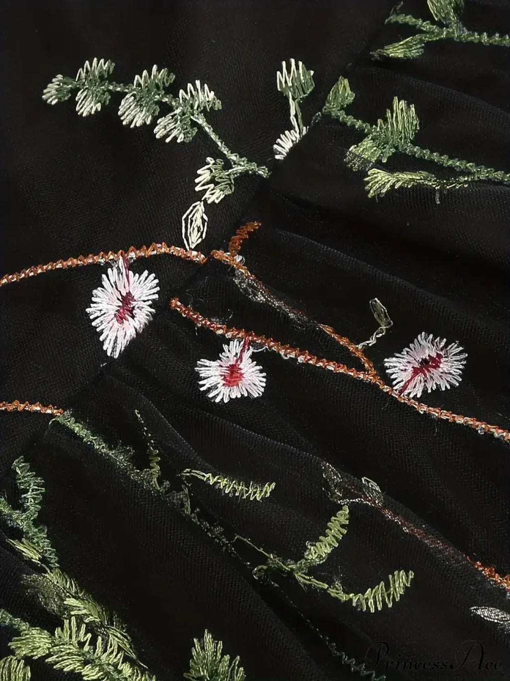 Spaghetti Strap Embroidered Tulle Panel Retro Floral Dress