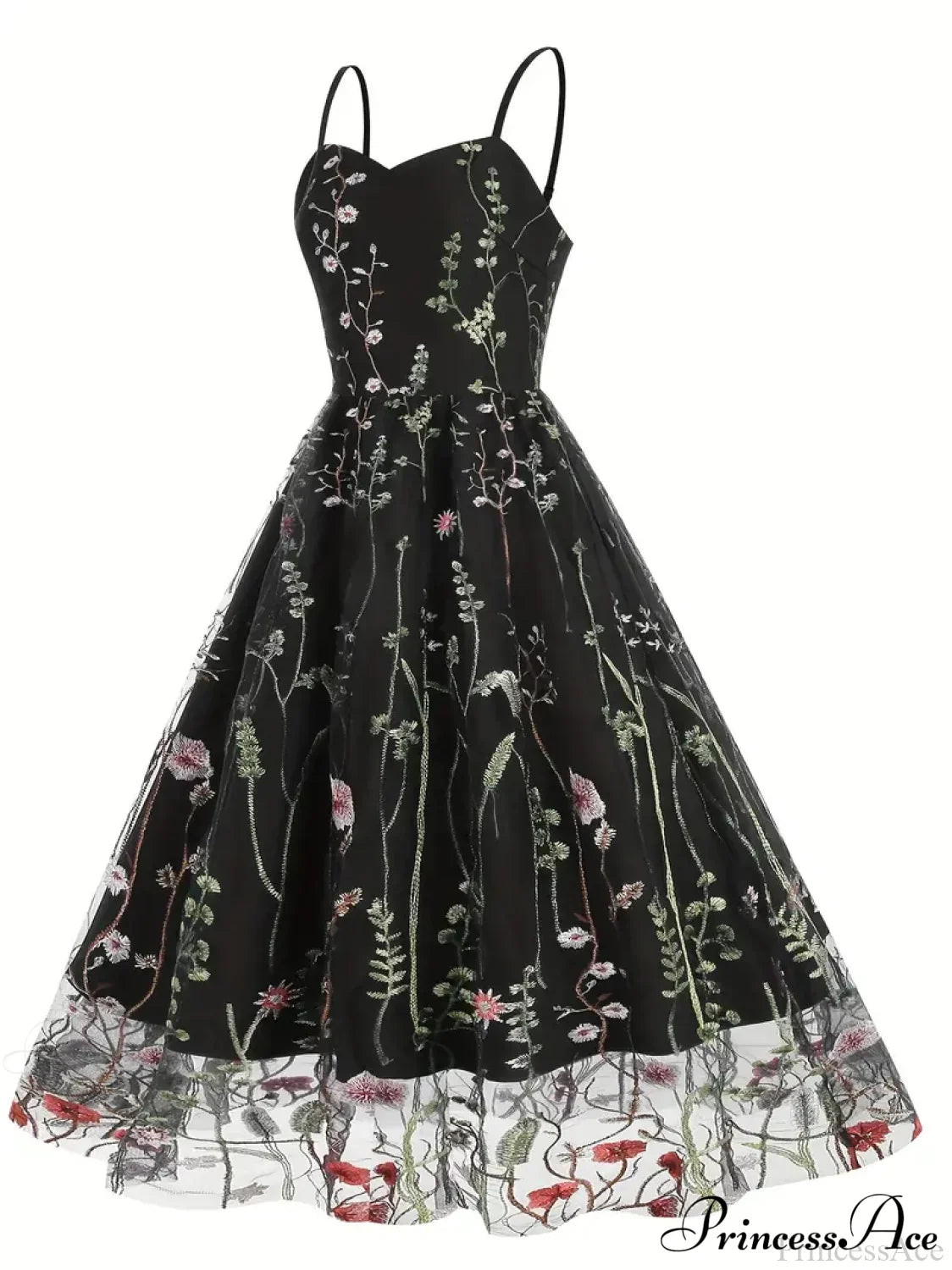 Spaghetti Strap Embroidered Tulle Panel Retro Floral Dress