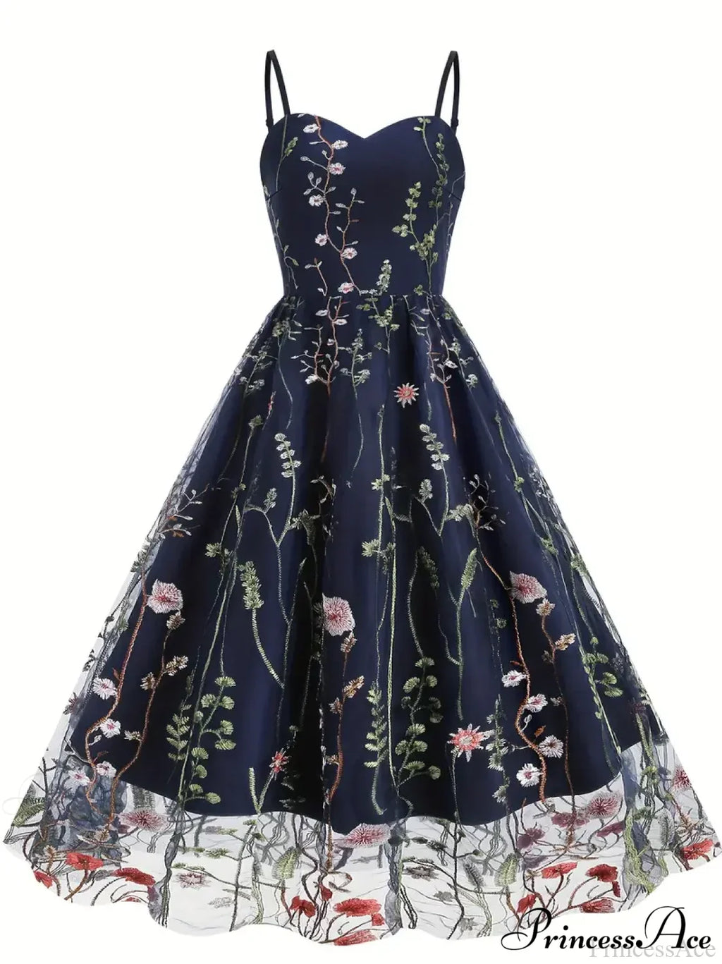 Spaghetti Strap Embroidered Tulle Panel Retro Floral Dress