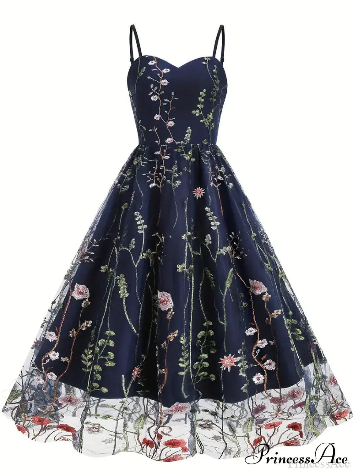Spaghetti Strap Embroidered Tulle Panel Retro Floral Dress