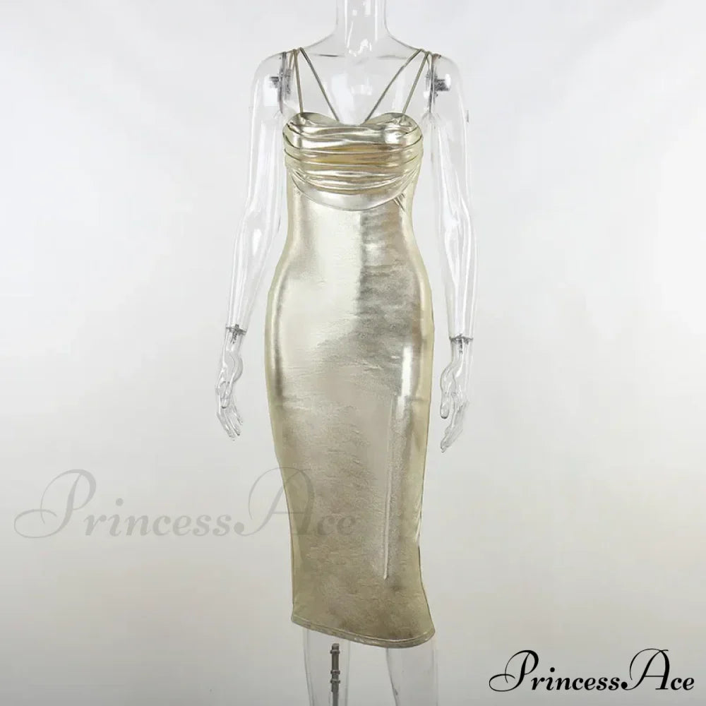 Spaghetti Strap Gold Midi Fashion Wrap Chest Slim Backless Summer Party Club Bodycon Dress