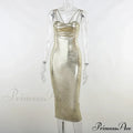 Spaghetti Strap Gold Midi Fashion Wrap Chest Slim Backless Summer Party Club Bodycon Dress