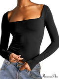 Spring Fall Slim Cropped Solid Color Long Sleeve Square Neck T-shirts