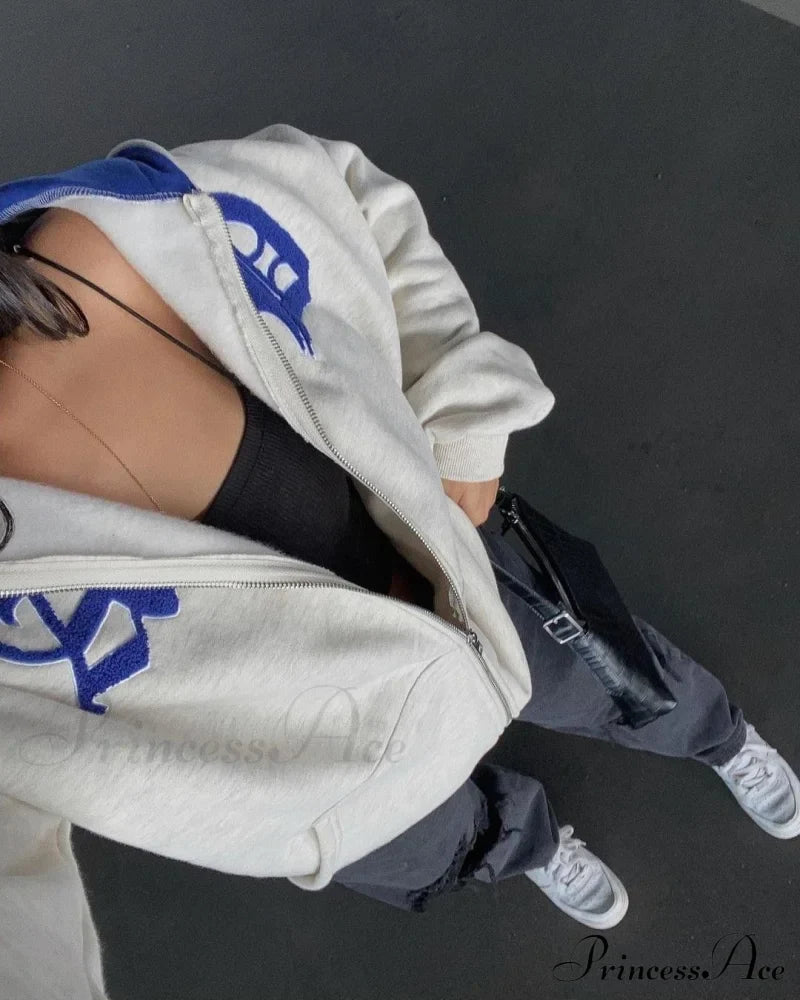 Spring Hoodie Hop Zipper Y2K Oversized Women's Gray Embroidery Letter Streetwear Punk Hip Sweatshirt