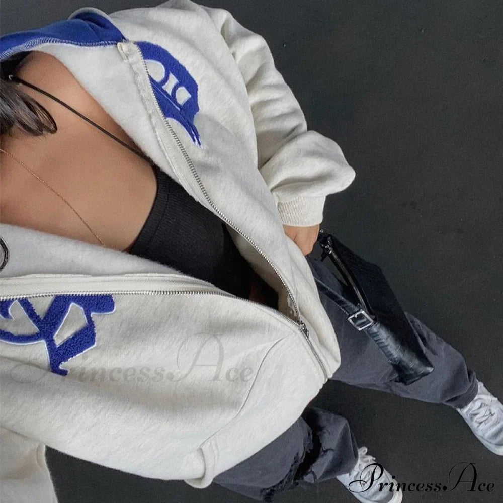 Spring Hoodie Hop Zipper Y2K Oversized Women's Gray Embroidery Letter Streetwear Punk Hip Sweatshirt
