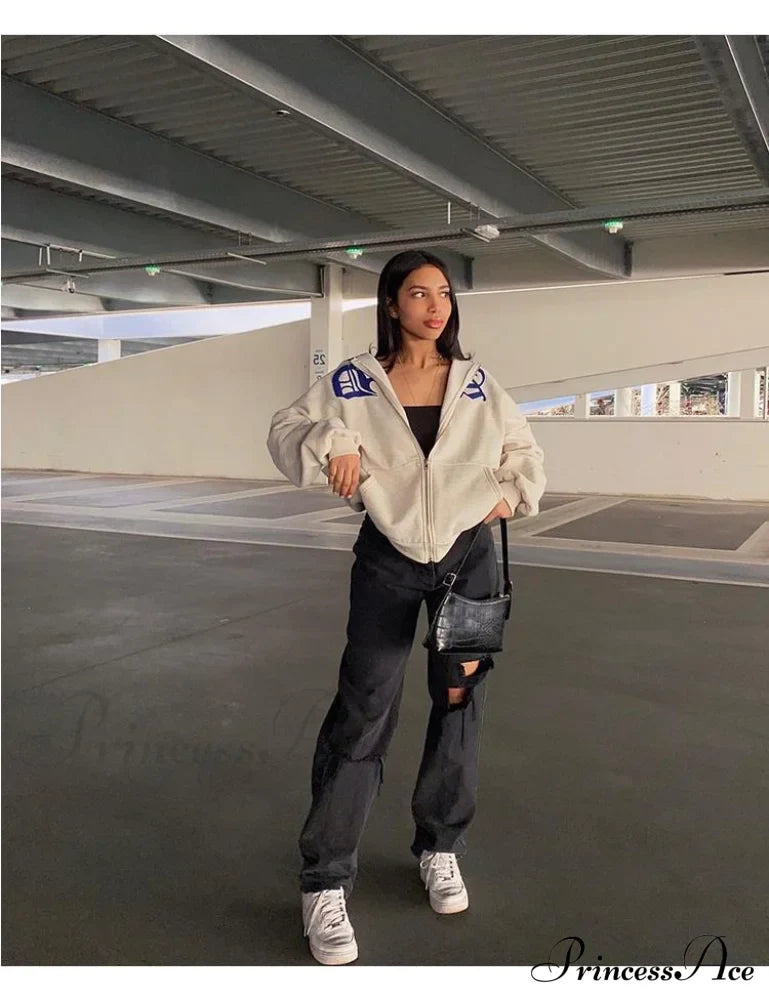 Spring Hoodie Hop Zipper Y2K Oversized Women's Gray Embroidery Letter Streetwear Punk Hip Sweatshirt