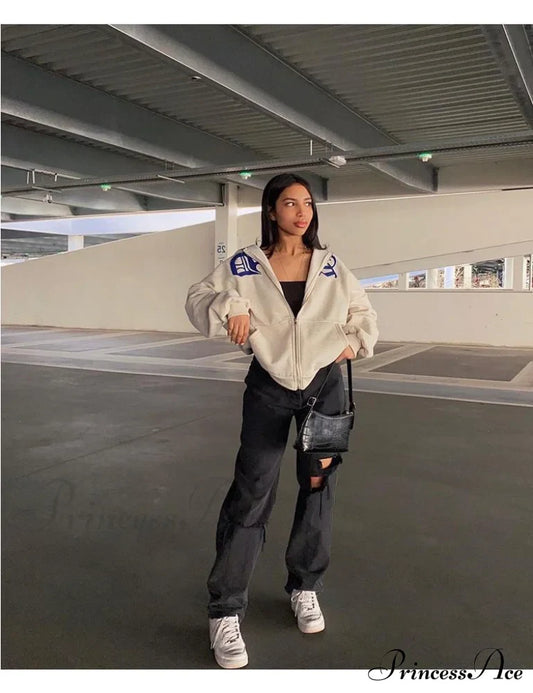 Spring Hoodie Hop Zipper Y2K Oversized Women's Gray Embroidery Letter Streetwear Punk Hip Sweatshirt