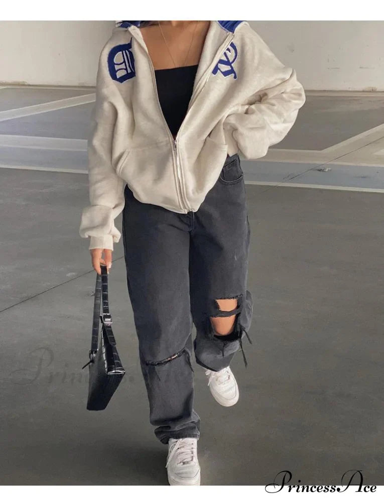 Spring Hoodie Hop Zipper Y2K Oversized Women's Gray Embroidery Letter Streetwear Punk Hip Sweatshirt