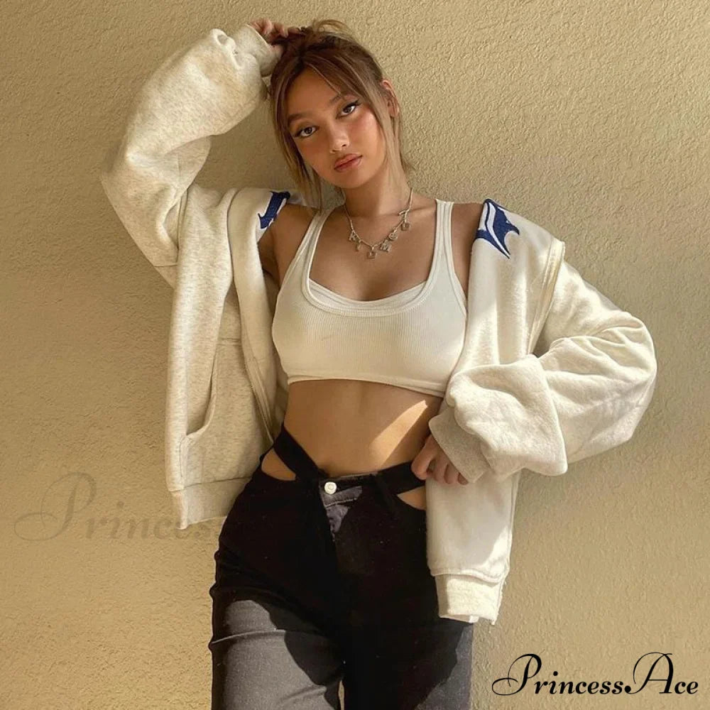 Spring Hoodie Hop Zipper Y2K Oversized Women's Gray Embroidery Letter Streetwear Punk Hip Sweatshirt