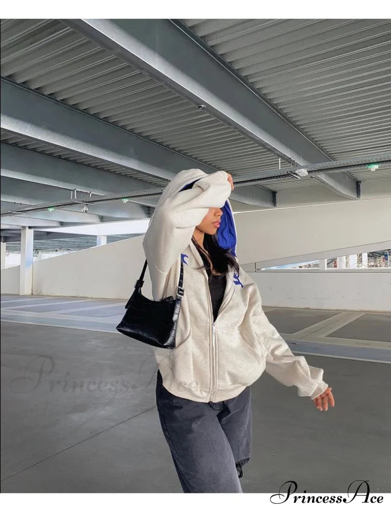 Spring Hoodie Hop Zipper Y2K Oversized Women's Gray Embroidery Letter Streetwear Punk Hip Sweatshirt