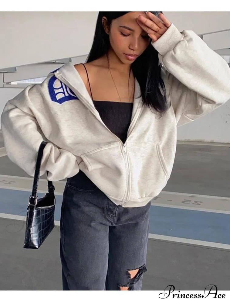 Spring Hoodie Hop Zipper Y2K Oversized Women's Gray Embroidery Letter Streetwear Punk Hip Sweatshirt