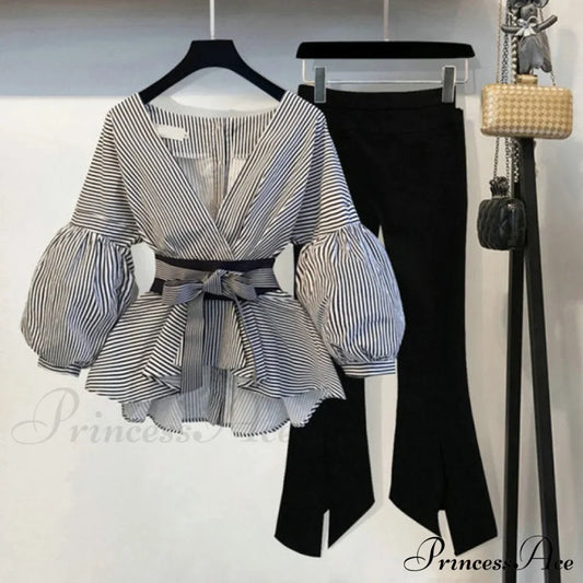 Bow Lantern Flare Pants Striped Blouse Two Piece Set