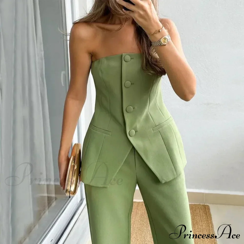 Strapless Button Top Long Pants Slim Party Sleeveless Suit