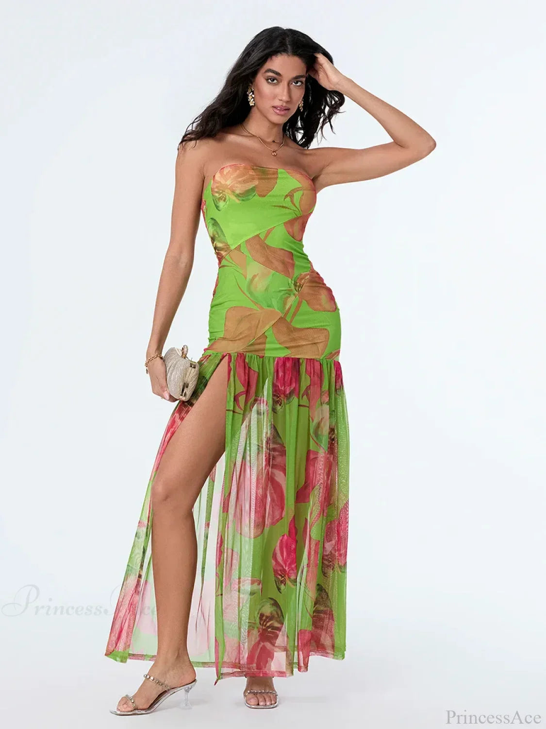 Strapless High Slit Mesh Hem Floral Dress