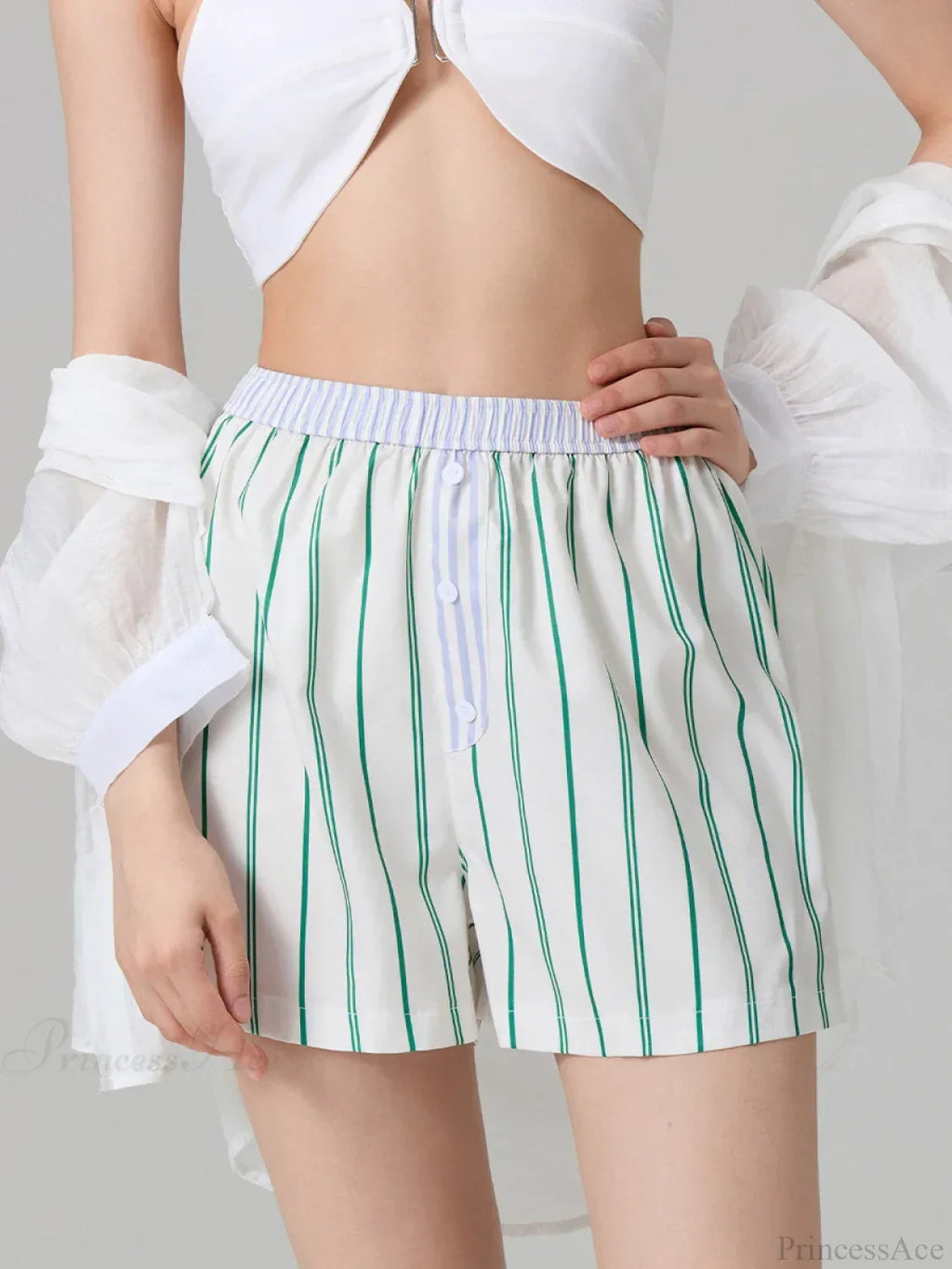 Stripe Button Elastic Waist Short