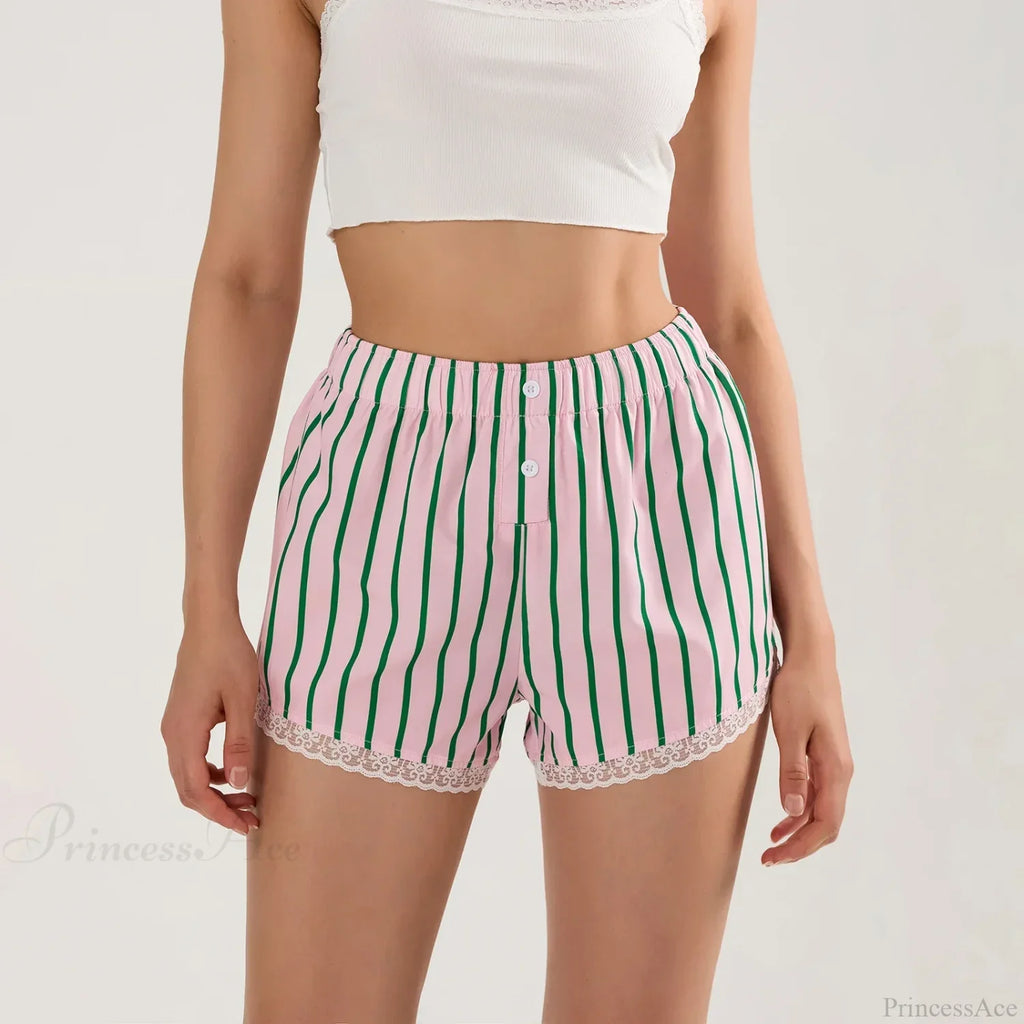 Striped Button Lace Trim Short