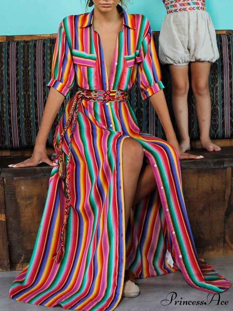 Striped Full-Length Bohemia Dress