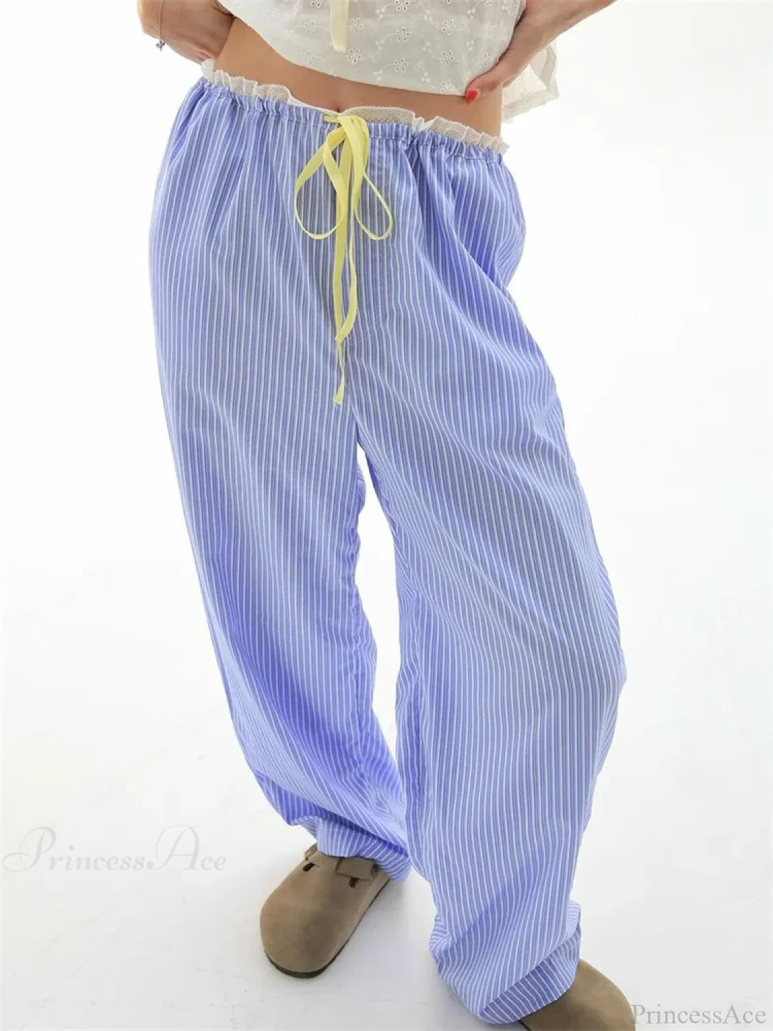 Striped Ruffles Drawstring Elastic Waist Casual Pant