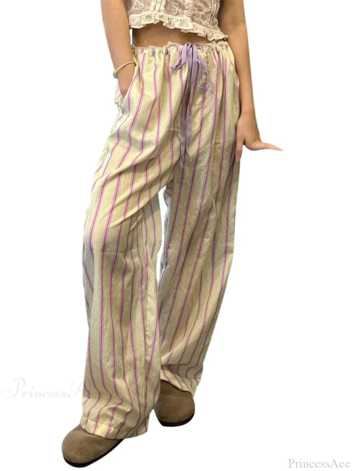 Striped Ruffles Drawstring Elastic Waist Casual Pant