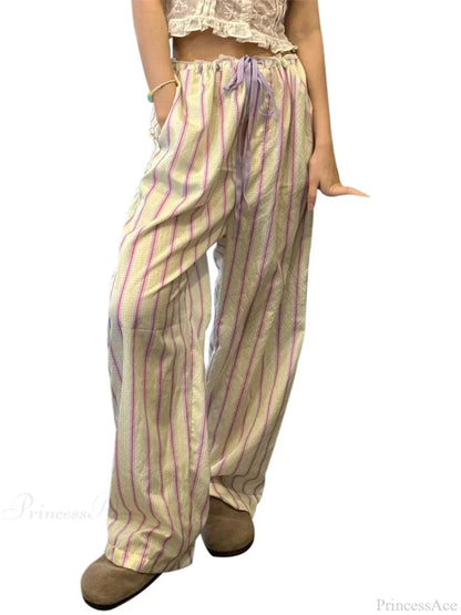 Striped Ruffles Drawstring Elastic Waist Casual Pant