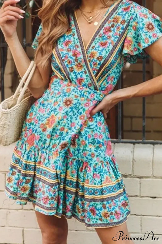 Summer Boho Floral Print Mini Wrap Beach Boho Dress