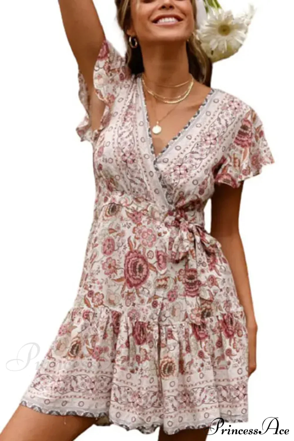 Summer Boho Floral Print Mini Wrap Beach Boho Dress