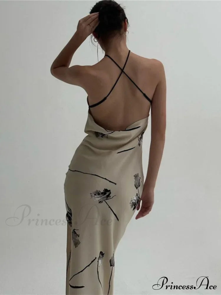 Summer Print Long Halter Backless Satin Split es Women Hot Vestidos Floral Dress